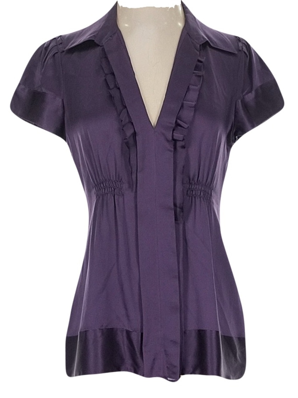 Purple Satin Short-Sleeve Blouse - Elegant Ruffled V-Neck